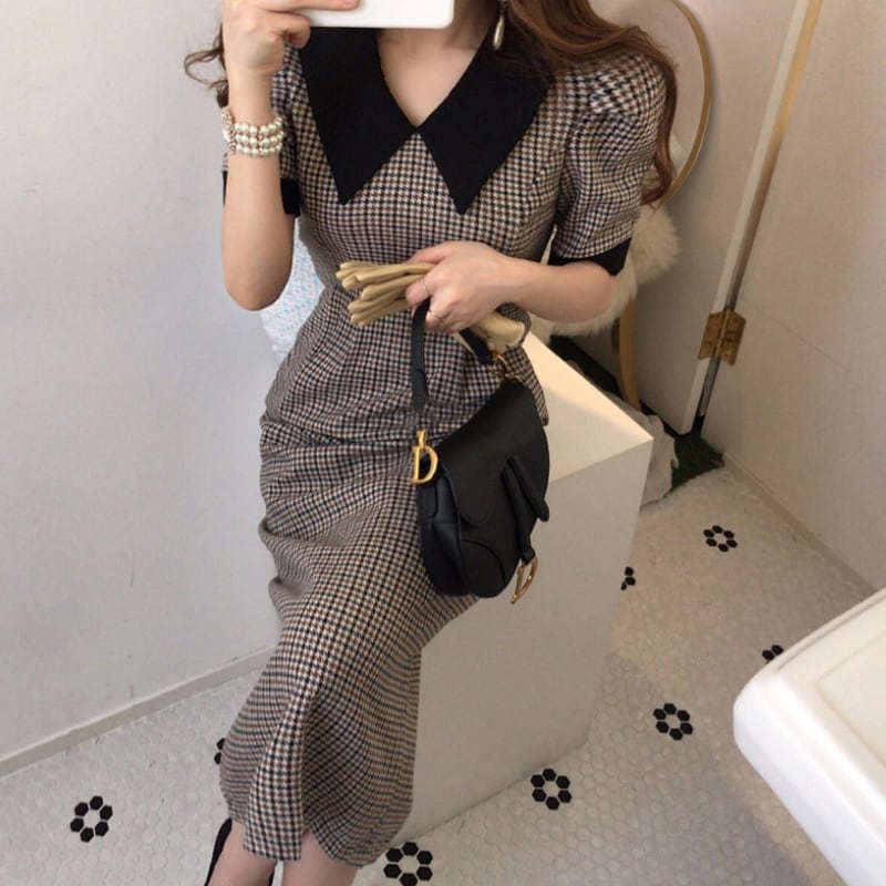 レディース ワンピース ミモレ丈 ブラウン 半袖 チェック柄 シンプル おしゃれ オシャレ 282