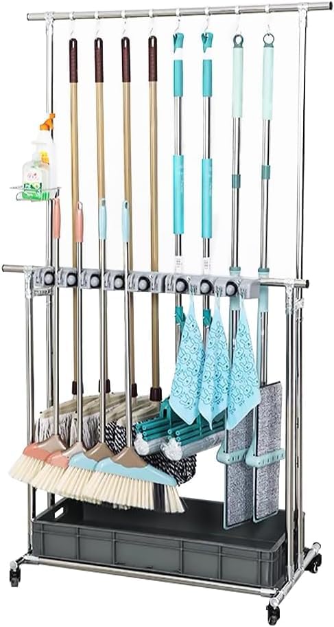 Jiza モップホルダー 掃除用具 収納 2段式 引っ掛けフック付き 区分け収納 ステンレス鋼製 耐荷重300kg 多機能 大容量 頑固 耐久性 キャスター付き スプリングホルダー ABS樹脂製ボック 12,226円