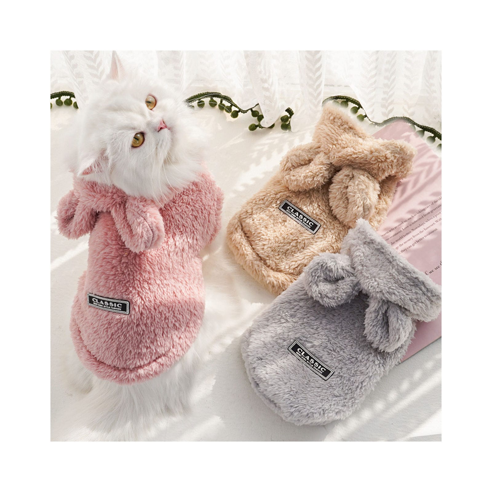 ペット用品犬・猫の服うさぎの耳付きフリースパーカーコーギービションフリーゼ小型犬・中型犬用の秋冬服など