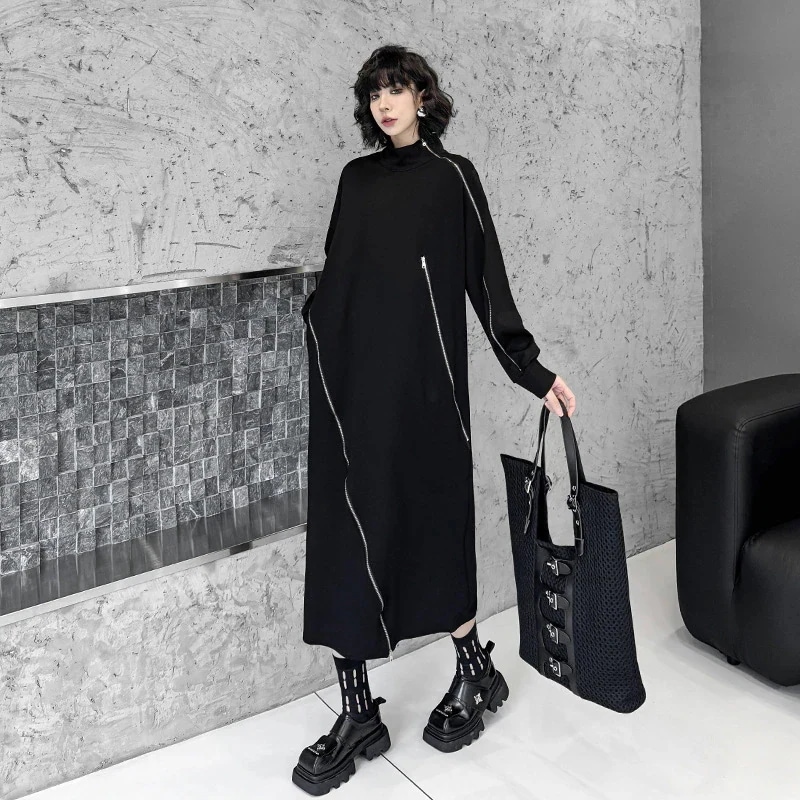 斜めジップ ロング ック ドレス ロングスリーブドレス レディースドレス