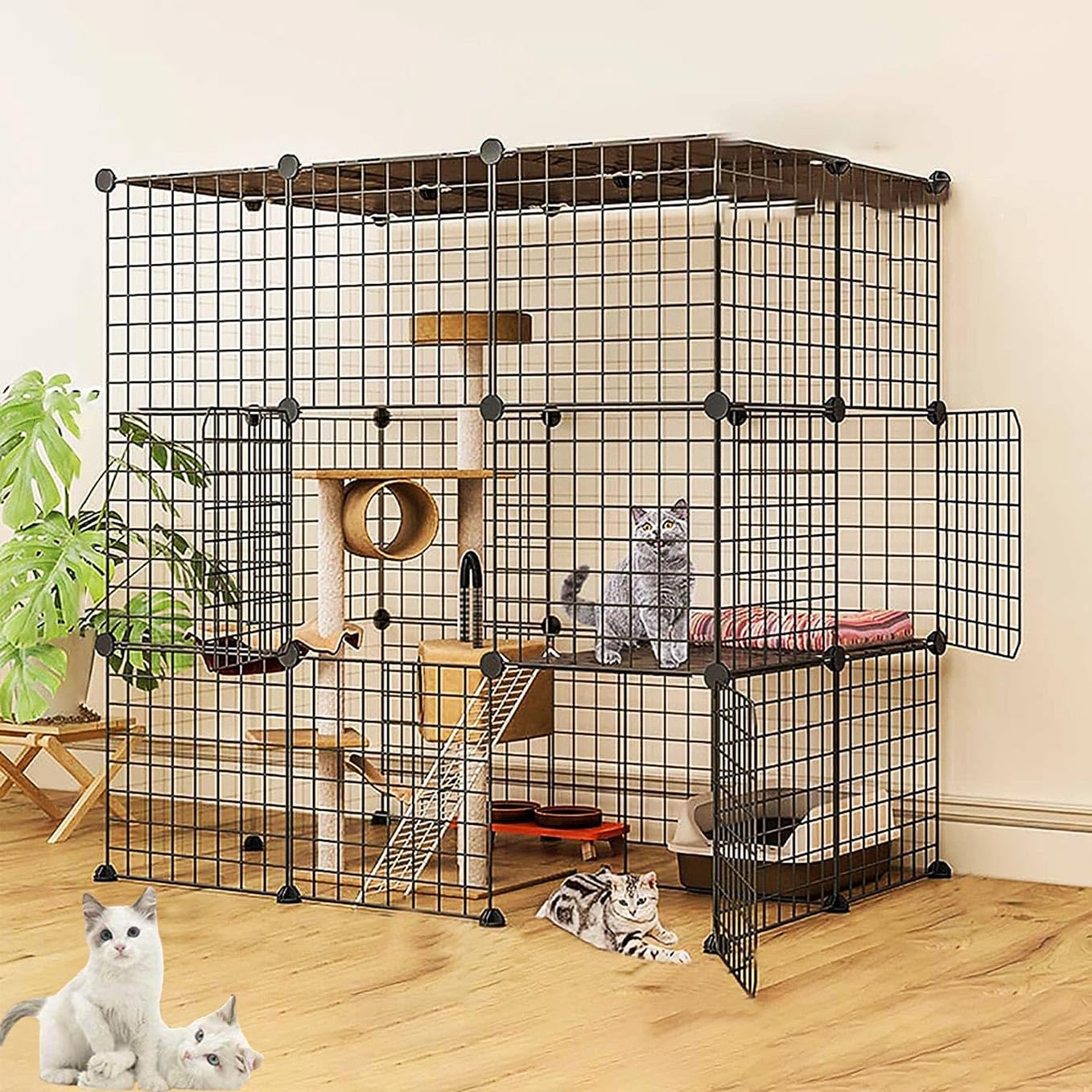 猫 ケージ 大型猫 ケージ 3段 DIYコンビネーション脱走防止 ペット，キャットケージ 大型組立簡単折りたたみ キャットケージ ドア付き猫用ケージ 多頭飼い幅約75×高さ約109cm梯子付き移動便利