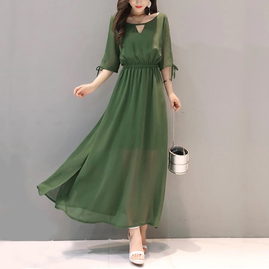 半袖シフォンロングワンピース ワンピース フレアワンピース 袖あり 半袖 ラウンドネック シフォン ウエストゴム かわいい 大人可愛い きれいめ シンプル カジュアル 大人 おしゃれ お洒落