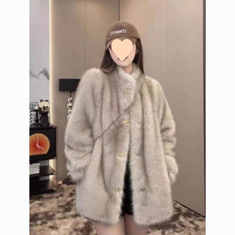 2025新作 毛皮エコレザー ミドル丈 冬毛皮 スタンドカラーコート ルーズコート メイラード