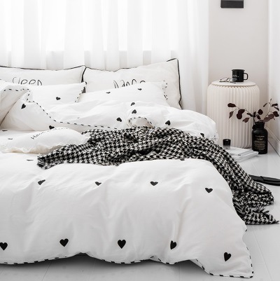 SD/D/Qハート柄 ステッチパイピング モノトーン コットン ベッドカバー 4点セット