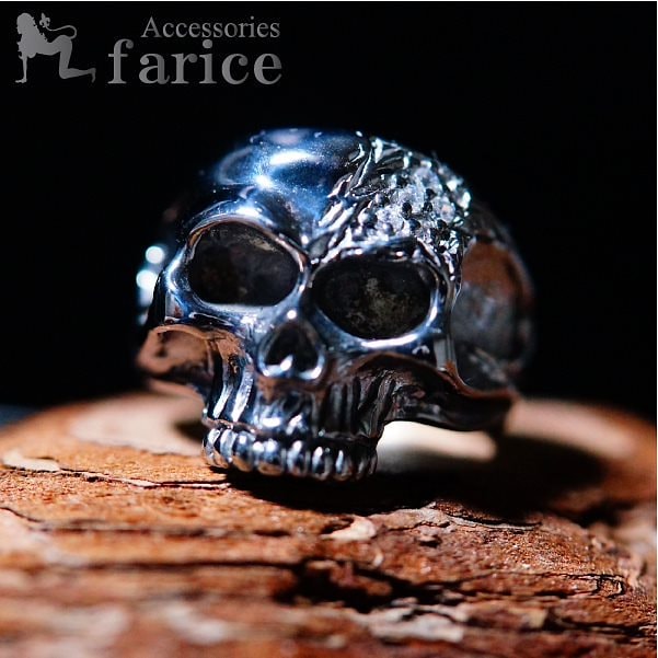 アシンメトリーヘッドスカル ブラックロジウムキュービックジルコニアシルバーリング