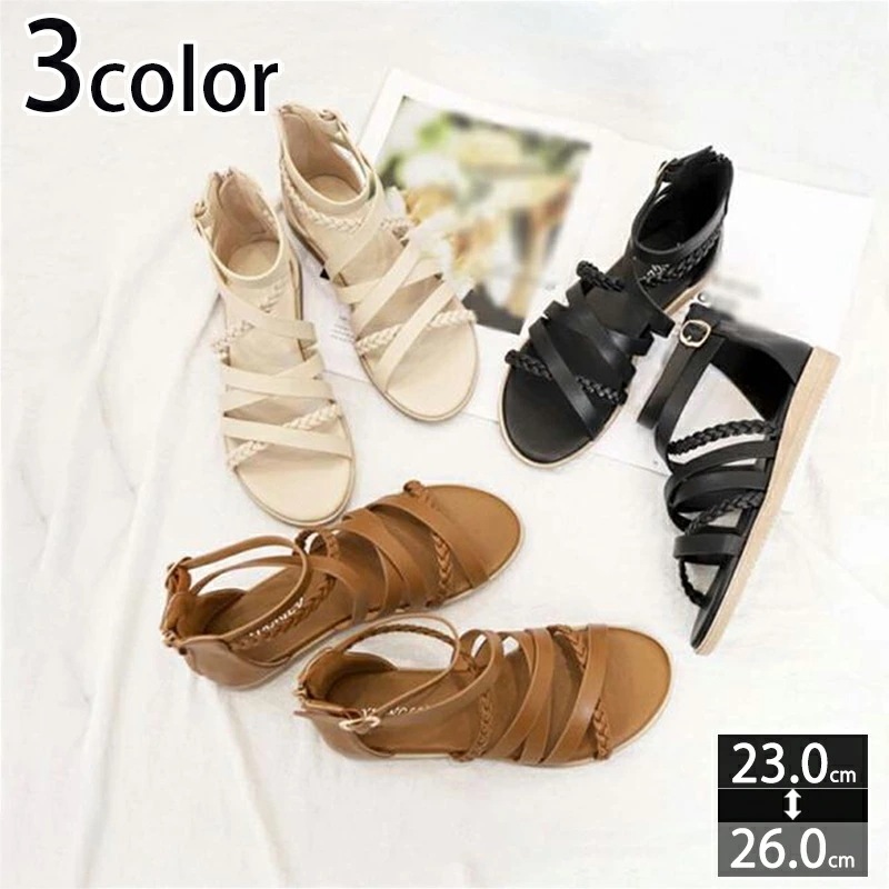 1000円OFFクーポン 大きいサイズ グラディエーターサンダル レディース ミュールサンダル ローヒール フラットシューズ ファッションサンダル バックジッパー ブーサン ブーツサンダル 美脚 カジ
