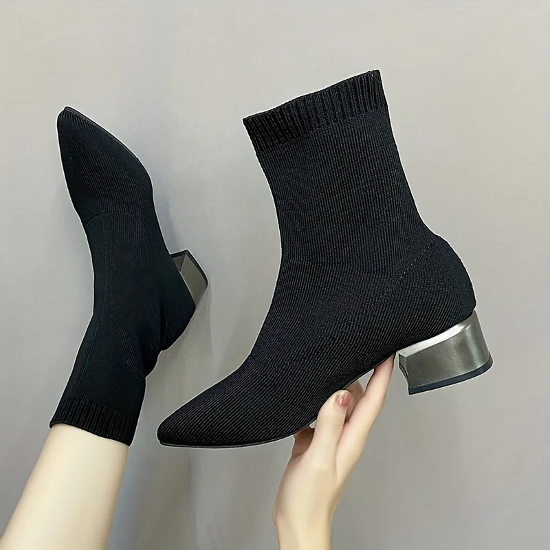 女性のためのニットアンクルブーツ先のとがったつま先チャンキーソックスショートブーツストレッチヒールファッション - 322
