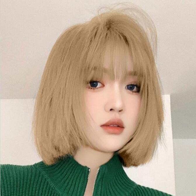 ウィッグ ボブ ショート フルウィッグ 自然 ういっぐ つけ毛 エクステ ふんわり メッシュ コーヒー ゴールド ぱっつん シースルー 結婚式 ライブ ハイトーンカラー dp009z7