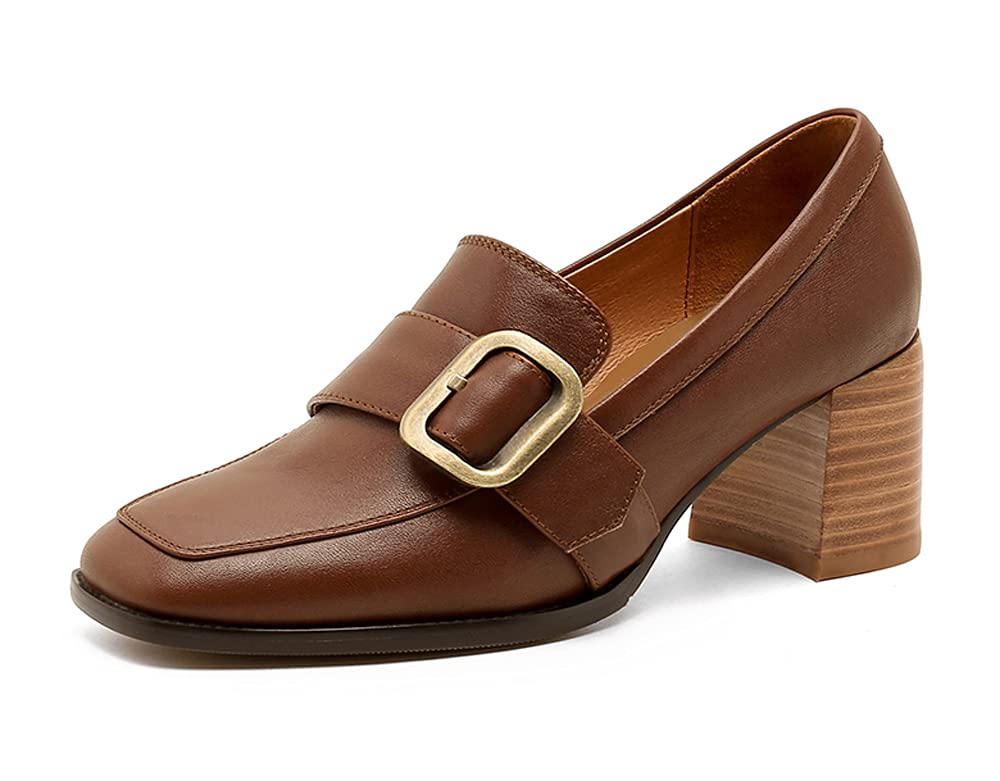 [CHICULL] チカル レディース ローファー 牛革 バックル パンプス チャンキーヒール スクエアトゥ おじ靴 ローファーシューズ 6.5cm 太ヒール マニッシュシューズ カジュアル モカシン