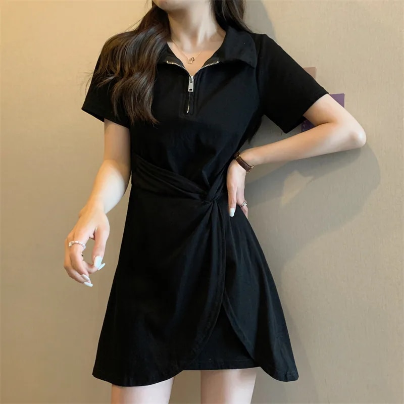 ワンピース ミニスカート レディース ショート 半袖 パフスリーブ ポロカラー Aライン ジッパー かわいい 大人可愛い きれいめ シンプル カジュアル おしゃれ アジアン こなれ感 ラフ ガーリー