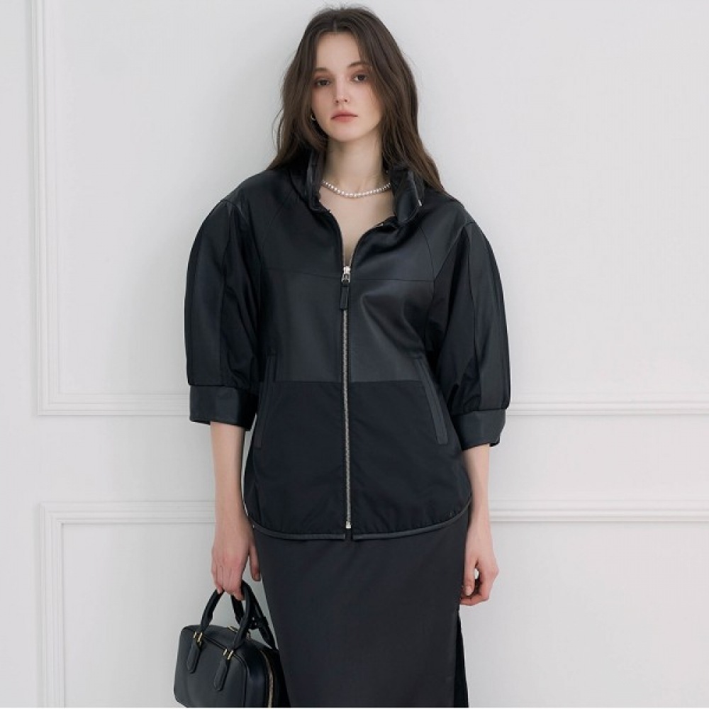 (ミステリアス) ラムスキンコンビチャイナネックジップアップジャケット_KSJK240201