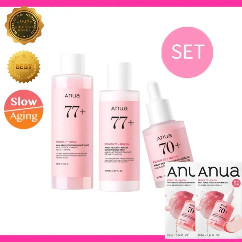 [メガ割] Anu a アヌ ア 桃 70% ナイアシン セット (トナー 250ml + セラム 30ml + ミルク 150ml + パック 2枚) ピーチ スキンケア 韓国コスメ 脂性肌 混合肌