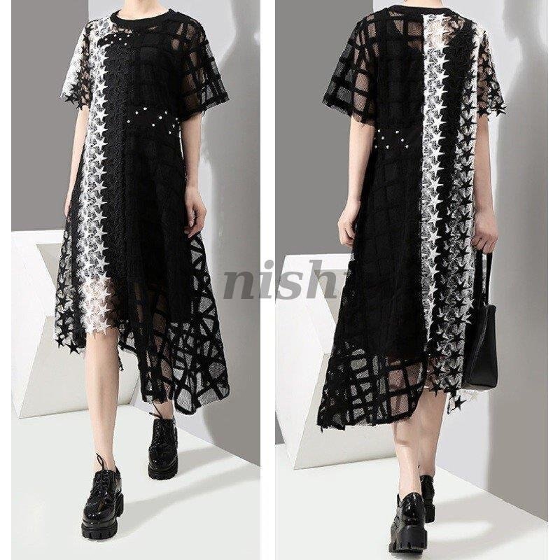 シースルー スター パッチワーク レース ワンピース 星 レディース 異素材ミックス 半袖 ロング バイカラー アシンメトリー 刺繍