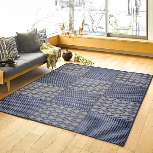 【メーカー直送品】萩原 はっ水 ふっくらウレタン入り い草ラグ キハチ 約180×240cm ブルー