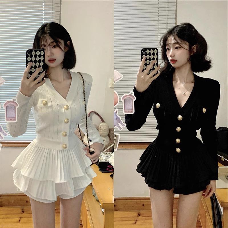 ハイエンドのカスタマイズ-Xiaoxiangfeng V ネックスリム長袖セータープリーツケーキスカート女性のための秋の新バレエスタイルのツーピーススーツ