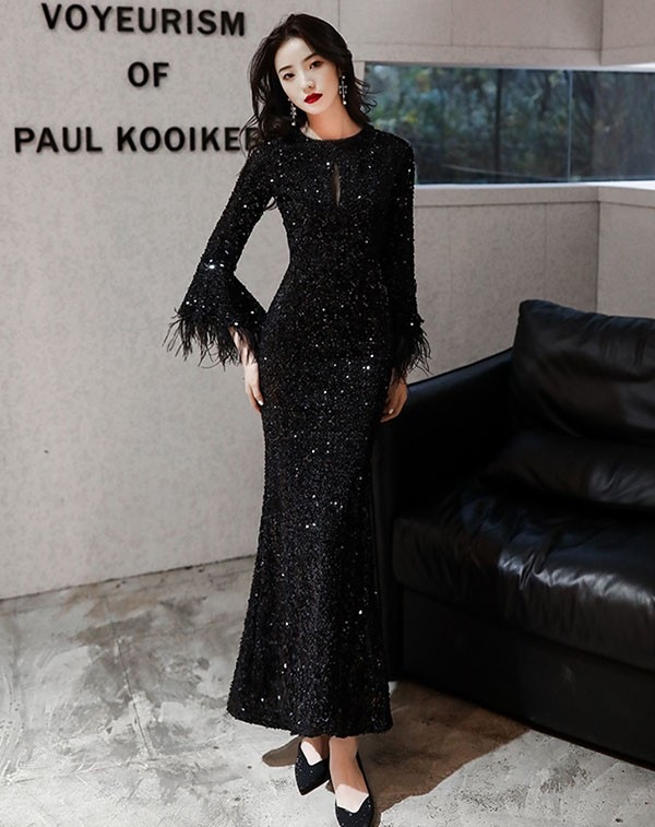 ワンピースドレスドレスマーメイドドレス キラキラ ブラック 黒 イブニングドレス 演奏会 発表会 大人 結婚式 大きいサイズ パーティードレス S 袖あり 上品 大人 ピアノ フォーマル ロングド