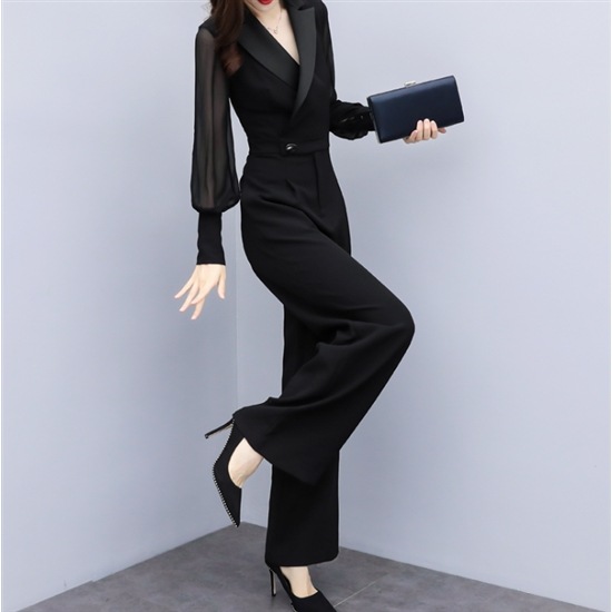 【取寄：納期2週間】オールインワン パンツドレス ジャンプスーツ ハイウエスト 体型カバー 長袖 ワイドレッグ