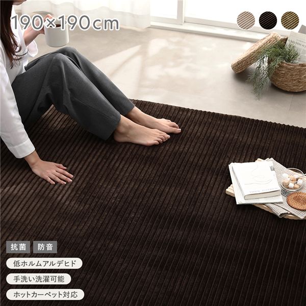 コーデュロイ ラグ 約190x190cm ブラウン 抗菌 防音 滑り止め加工 ホットカーペット 床暖房対応 手洗いOK ラグマット 絨毯