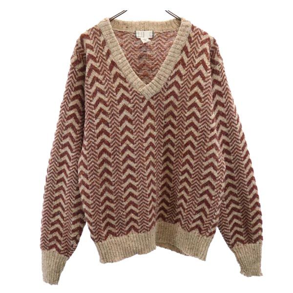 80s ヴィンテージ 総柄 長袖 Vネック ウール セーター L ブラウン系 ニット メンズ