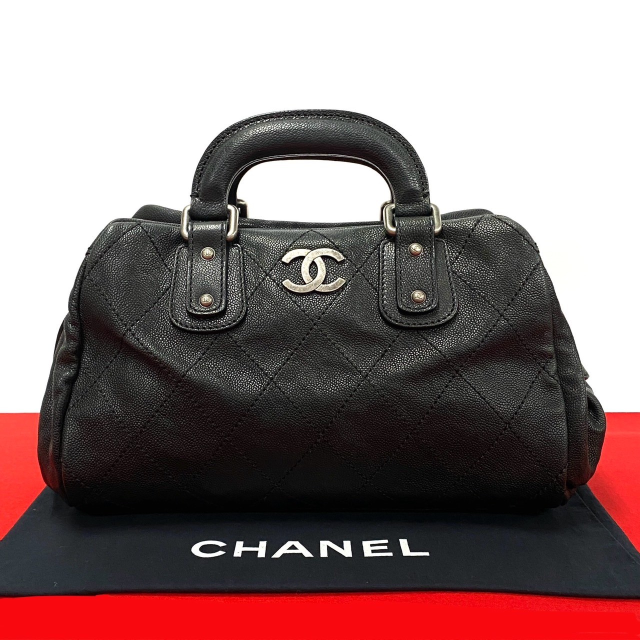 ヴィンテージ マトラッセ ワイルドステッチボストンバッグ マットキャビアスキン ブラック 17593