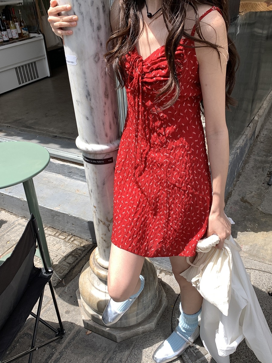 シーサイドバケーションレッドスカートレディース2024年夏ストラップリボンサスペンダードレス