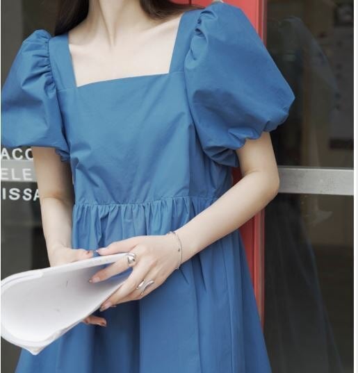 5色 ワンピース 半袖 春夏 かわいい シャツワンピース ミニ丈 膝上 五分袖 パフスリーブ スクエアネック 襟なし フレア Aライン ウエストマーク ハイウエスト 色展開 ホワイト ブラック ブルー