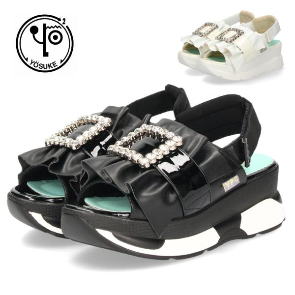 ヨースケ 厚底サンダル レディース ブラック ホワイト 黒 白 ビジュー フリル バックストラップ YOSUKE 4450033
