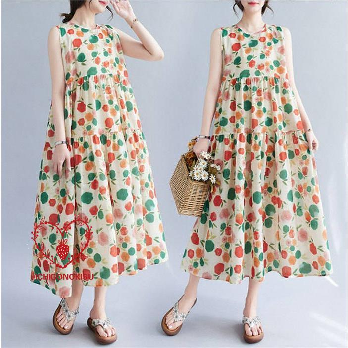 ドレスワンピース 夏 春 ワンピ ロングワンピース レディース ノースリープ 花柄 ゆったり 体型カバー きれいめ タンクワンピース サマー 涼しい 可愛い Aライン夏のドレス