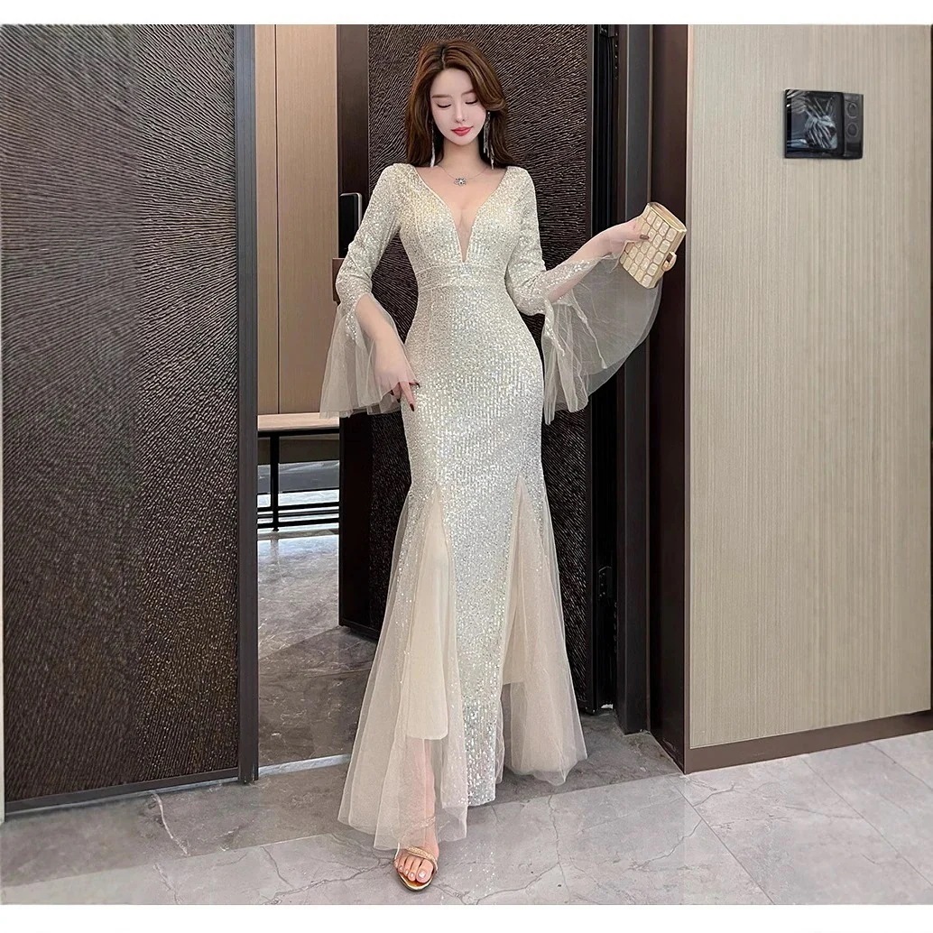 スパンコール 宴会 深v長袖魚尾 結婚式OL正式な場合礼装 誕生日/成人式 ドレスお呼ばれドレス