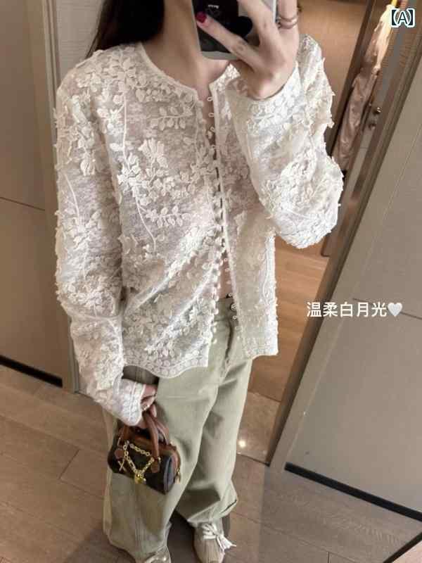 レディース　シャツ　レース クール ホワイト ムーンライト 重 工 立体 花 刺繍 スパンコール レース シャツ レディース 春 チャイナ風 長袖 トップス
