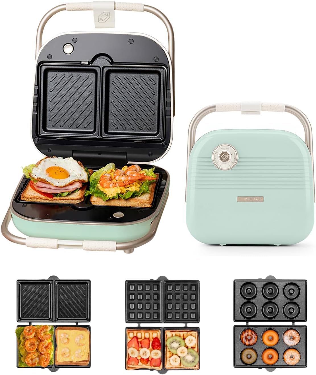 ホットサンドメーカー 耳まで焼ける 電気 ワッフルメーカー 着脱式 コンパクト マルチサンドイッチ 厚焼 ダブル 両面 プレート２種類 ホットサンドマシン ワッフルプレート付き 丸洗い お手入れ簡単