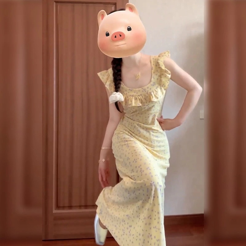 レトロ花柄ワンピースミドル丈気質ホリデースクエアカラーフリルスカートレディースサマーロングドレス