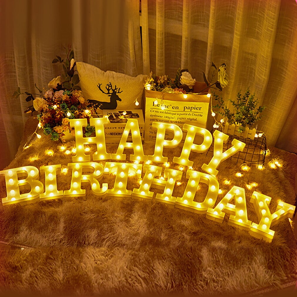 誕生日マーキーライト 飾り 装飾マーキーランプ LEDマーキーレターライト シャンパンゴールド HAPPY BIRTHDAY形 電池式 アルファベットライト 高さ22cm 誕生日 パーティー ホームお