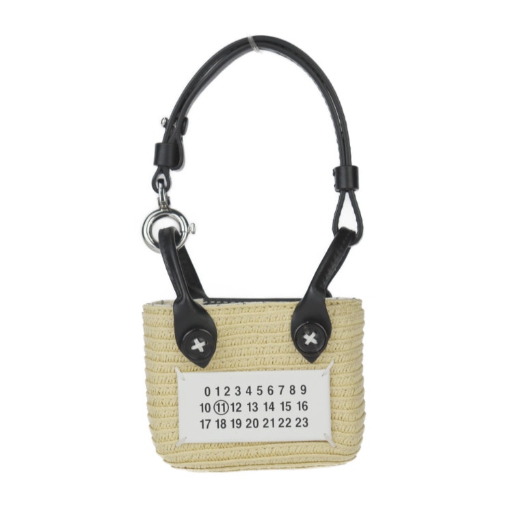 超美品 Maison Margiela メゾン マルジェラ ハンドバッグ SA1VL0006 マイクロ ペーパトート バッグチャーム セルロース織布×レザー ナチュラル ブラック×ホワイト シルバー金