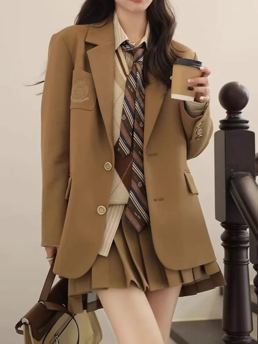 韓国っぽ ネクタイ テーラードジャケット×ニットベスト×シャツプリーツ×スカート ミニショート丈ボトムス美脚脚長長袖JK女子高生卒業式 4点セット レトロセットアップブラウストップス 2025秋冬