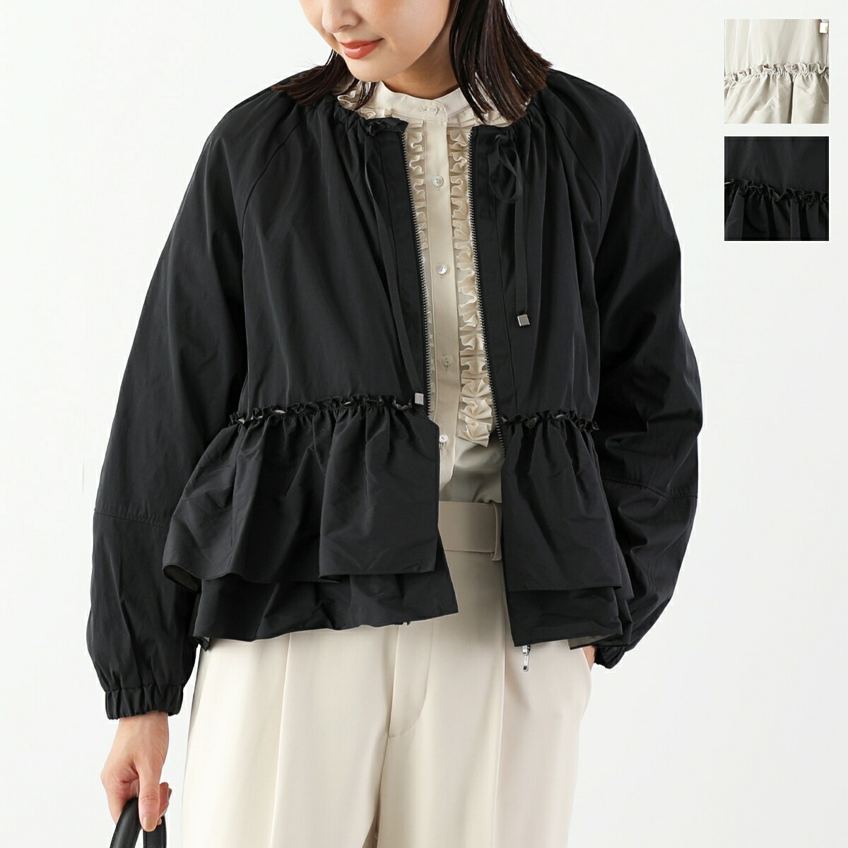 MARILYN MOON マリリンムーン ブルゾン spiral taffeta raffle blouson 4253-139 レディース ジップアップ ノーカラー タフタ ラッフル カラー2色