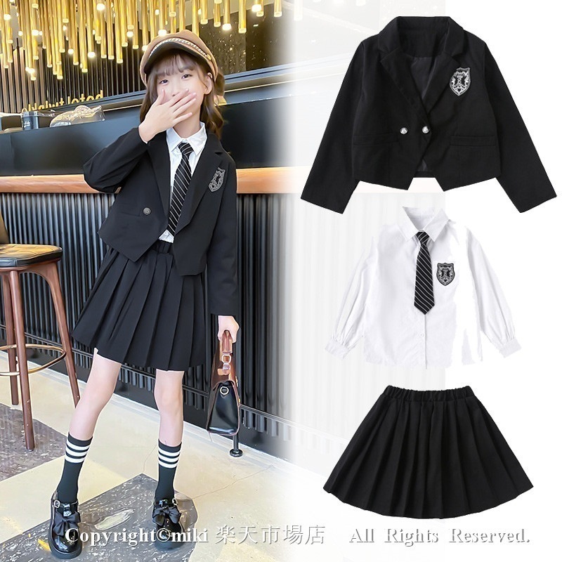 【新品プロモ-ション】【4点セット： ネクタイ×ジャケット×シャツ×スカート】フォーマル ブラック 女子 キッズ 子供 春 秋 上下セット ジュニア 入学式 入園式 卒業式 七五三 結婚式 発表会