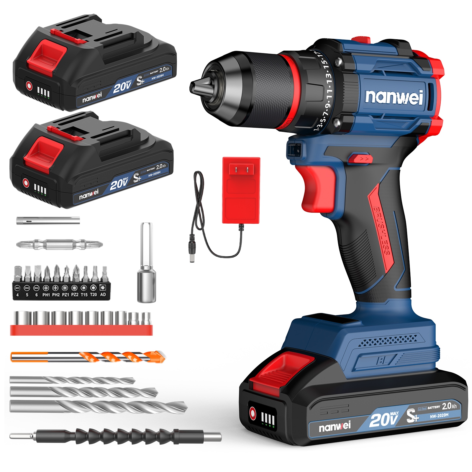 電動ドライバー 充電式ドリルドライバー マキタバッテリー対応 ブラシレスモーター 21段階トルク 2スピードモード 無断変速 最大50N·m 正逆転切替 小型軽量 2.0Ahバッテリ2個付き