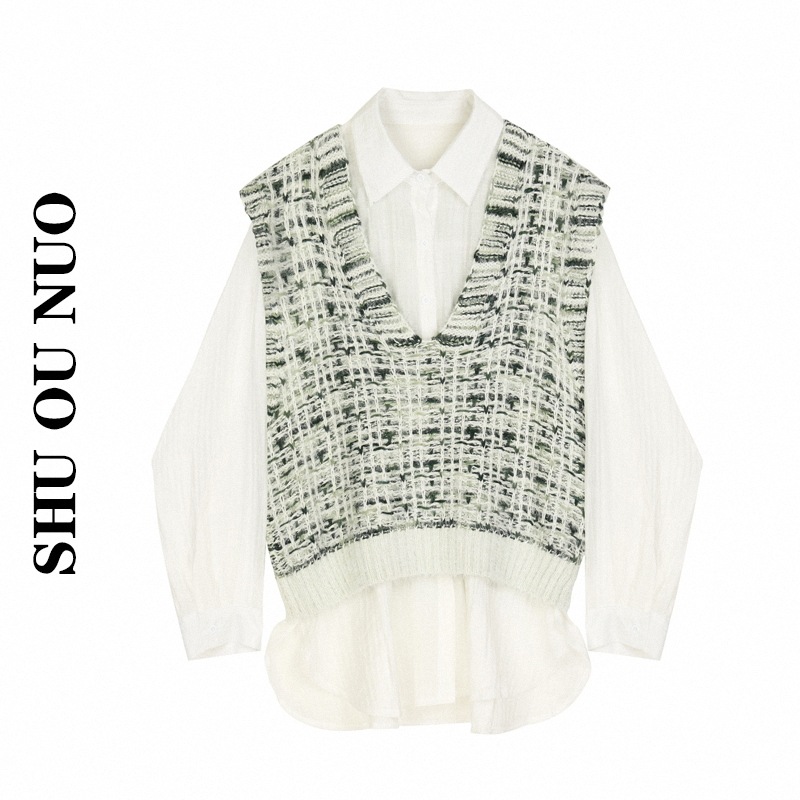 【セット】ニットベスト＋長袖シャツ ツーピース カジュアル 春ニット レディース モード系 a2545