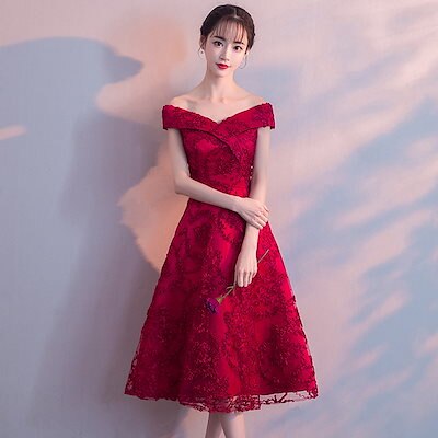 ワンピース ドレスワンショルダーの花嫁のトースト女性年の新しいエレガントな赤いミドル丈のウェ