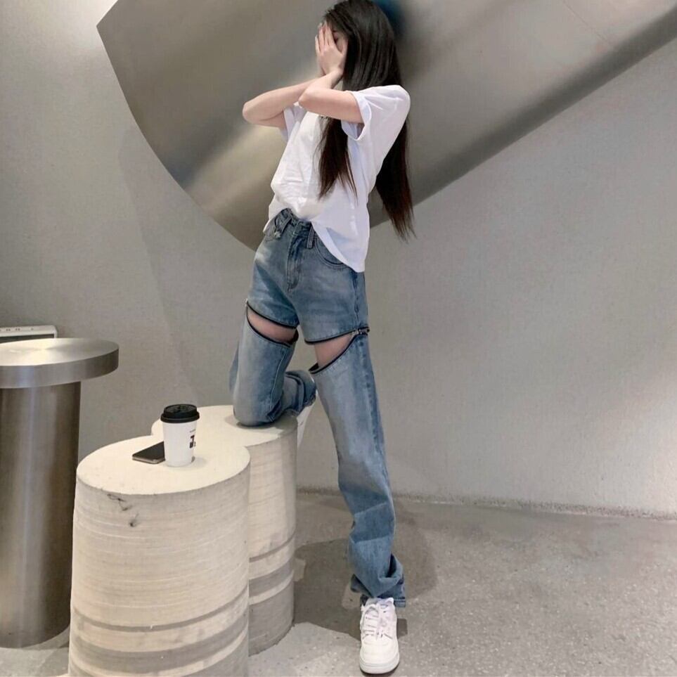 デニムパンツ ファスナーデザイン カットアウト風 ストレート 5,233円