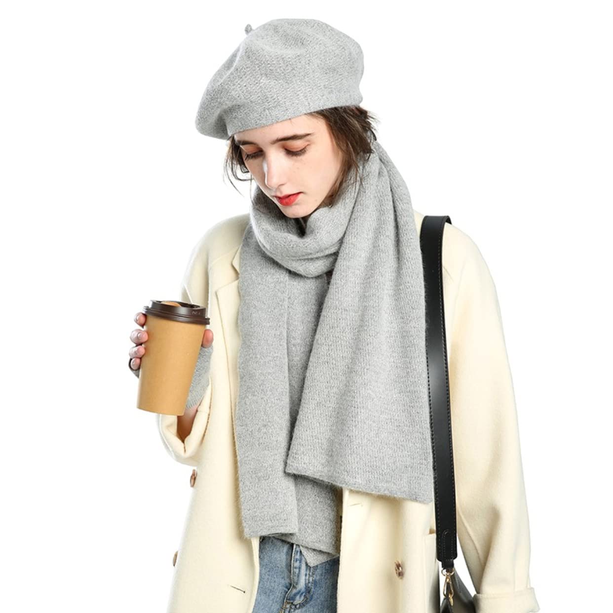 [Dajingkj] 帽子 マフラー 手袋 3点セットレディース ファッショナブルなソリッドカラーニットベレー帽 指なし手袋 コットン 3点帽子 マフラー 手袋 一体型冬ギフトセット