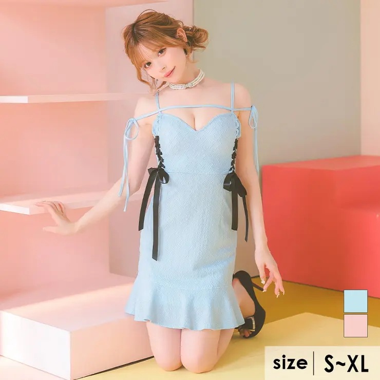 Tika キャバドレス サイドリボンレースアップ×裾フリルタイトミニドレス ガーリードレス 袖なし キャミソール S-XLサイズ 大きいサイズ ダスティピンク ライトブルー 聖菜 若林萌々
