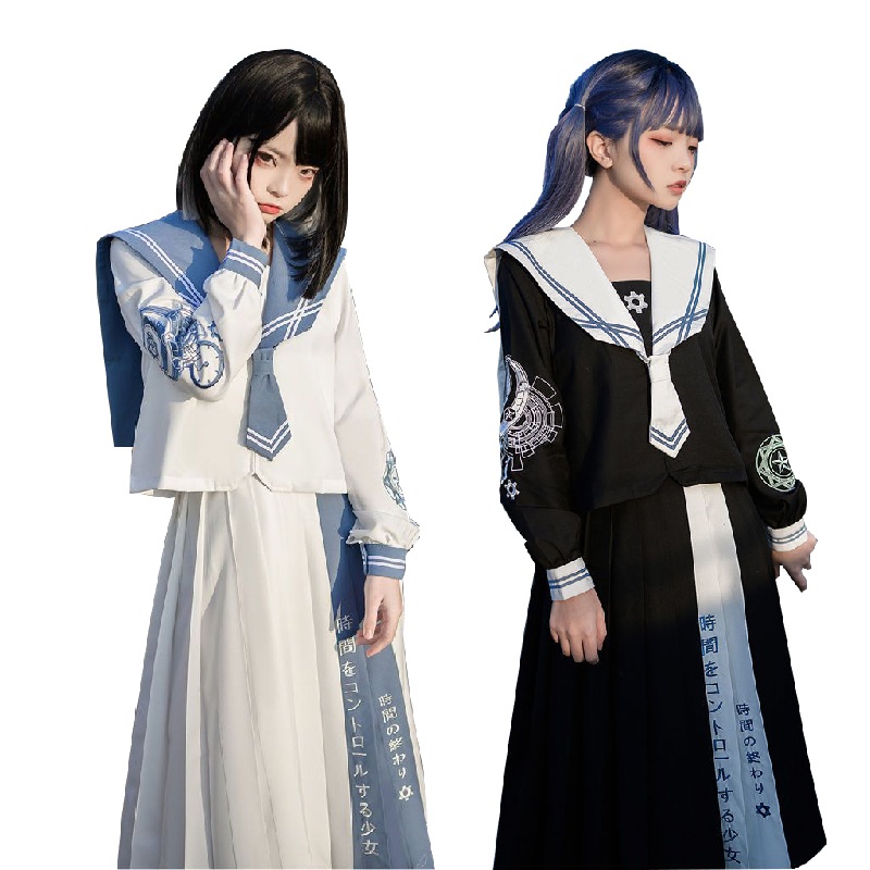 3点セット　セーラー服 長袖 黒色 ホワイト 学生服 前開き プリーツスカート 女子高校 大きいサイズ可愛い 長袖 学生服 セットアップ JK制服 文化祭 学園祭　長い丈