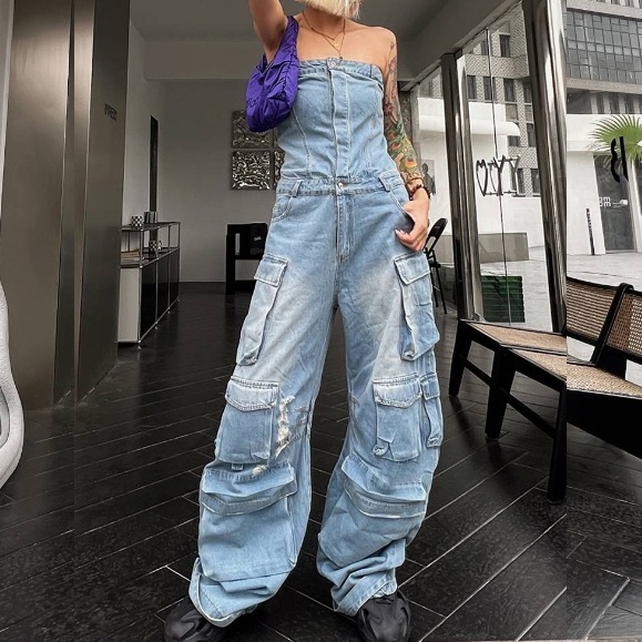 デニムベアトップオールインワン チューブトップオールインワン ベアオールインワン 個性的オールインワン オーバーオール ストリート 黒 韓国 レディース オルチャン チューブトップ サロペット