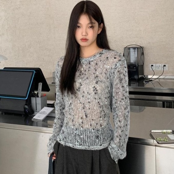 セーター シアー シースルー バックリボン 背中開き 個性的 エレガント 大人可愛い グレー 長袖 韓国 レディース オルチャン ラウンドネック ルーズ ゆったり 透け感 フェミニン