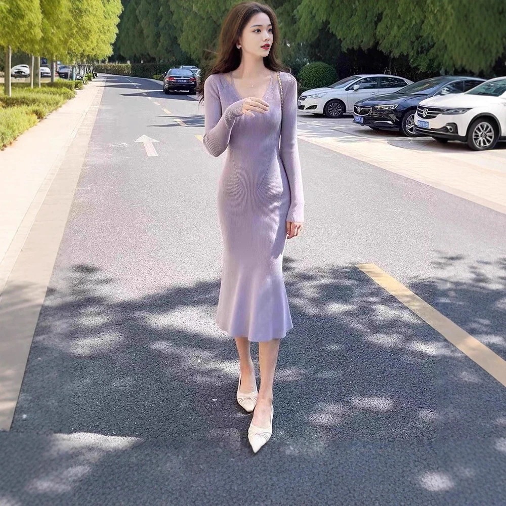 25新作パープルネックニットドレスフェミニンウエストスリミングボトリングヒップセータースカート 5,407円