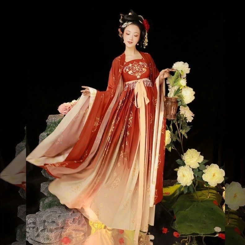 漢服 唐装 華流衣装 中華古代服 中華服 夏着 チャイナ服 中華 花柄 チャイナ プリント柄 古典美人服 舞台衣装 ステージ衣装 グラデーション チャイナドレス イベント 仮装 コスチューム 写真撮