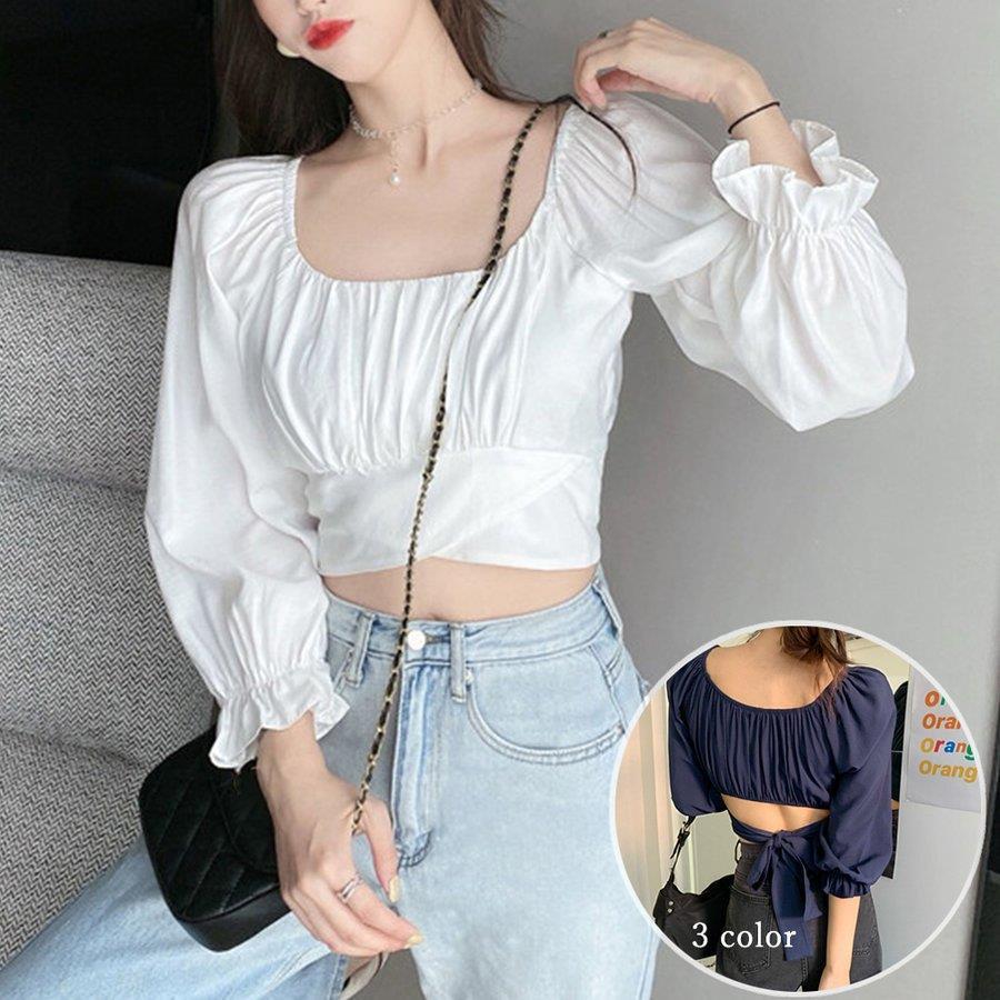 長袖 シャツ ショート丈 へそ出し シンプル レディース トップス プルオーバー スクエアネック タイトフィット 薄手 バレンタイン 2023 プレゼント