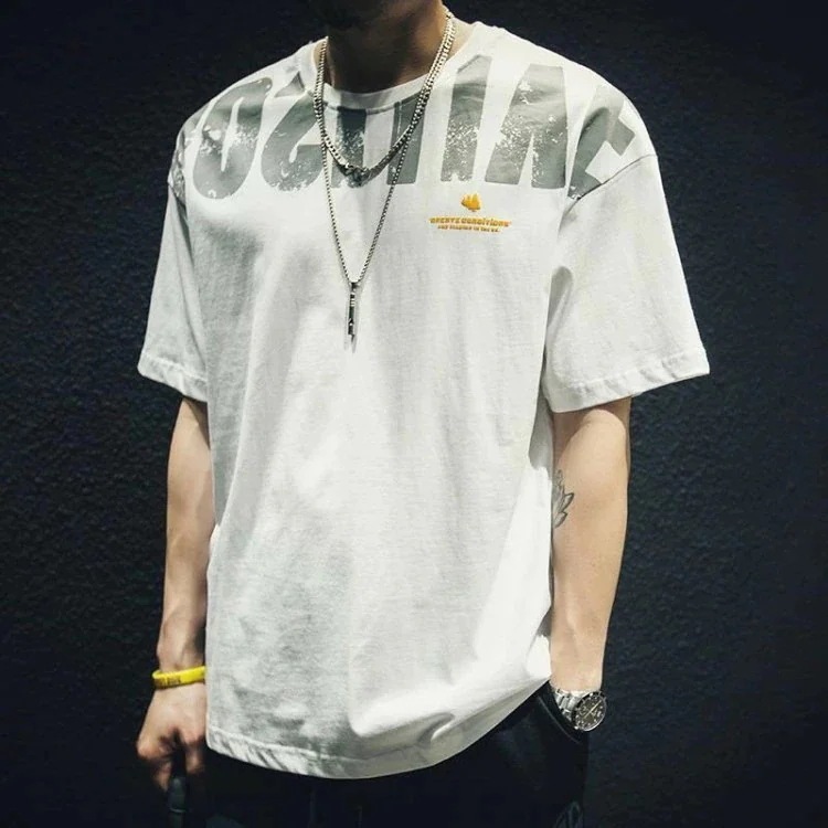 Tシャツ メンズ 半袖 英文字 個性 ドロップショルダー クルーネック スタイリッシュ カジュアル 綿 通気 ストレッチ カットソー S 白 夏